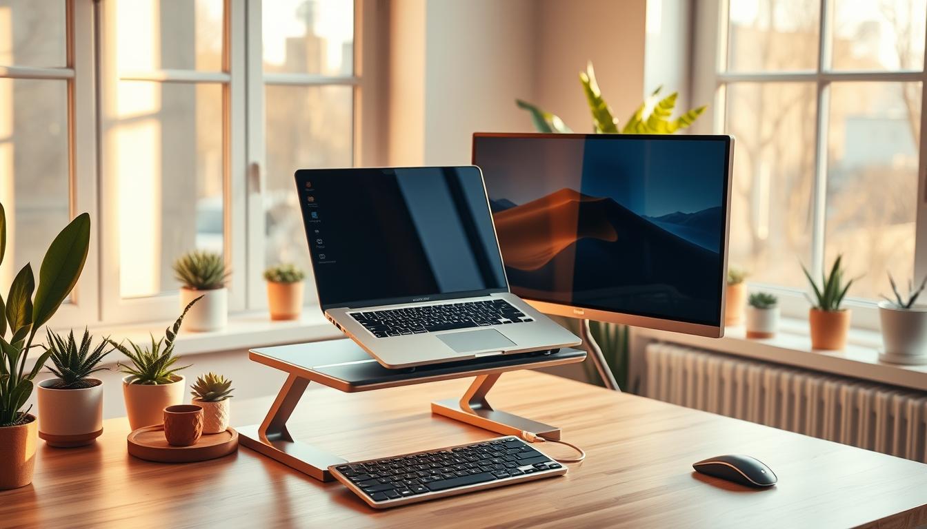 Laptop on a laptop stand in front of large monitor