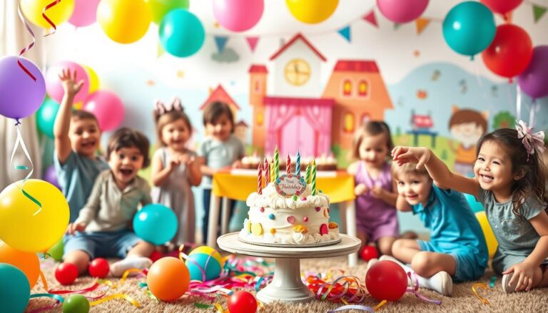 kids party with balloons, streamers and cake